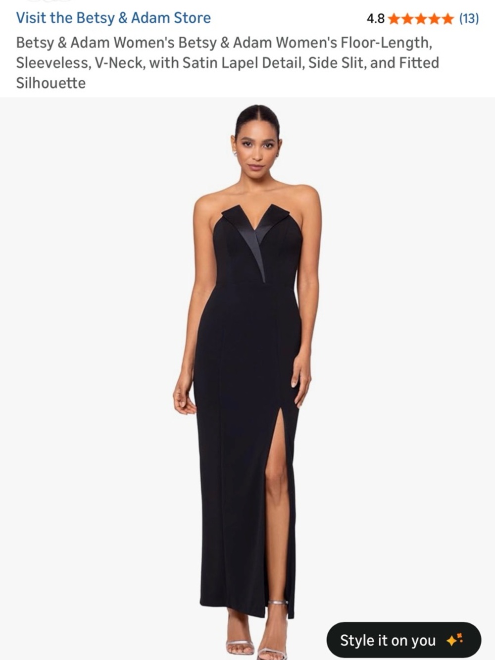 Betsy & Adam Black Strapless V-Neck Satin Lapel Gown
